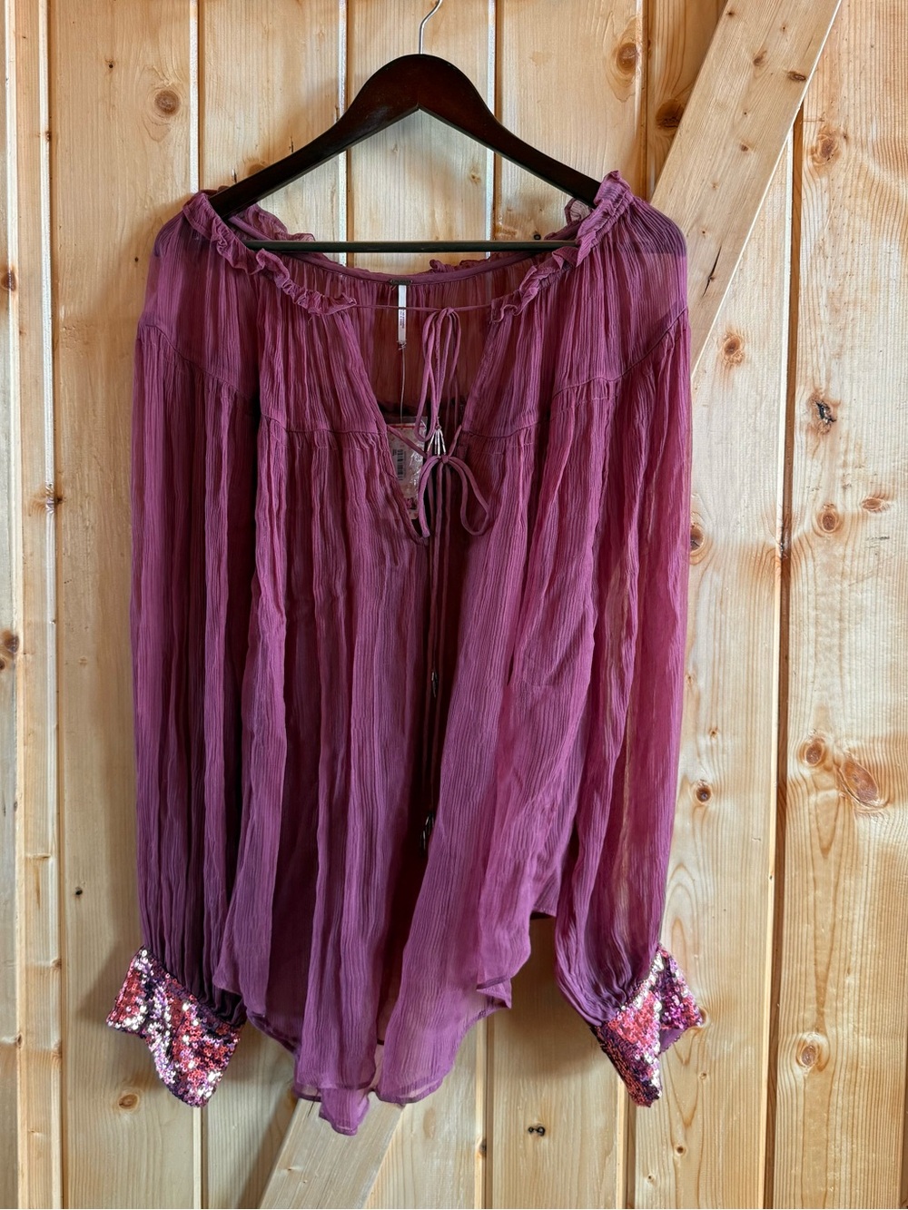 Free People Peasant Blouse with Sequin Cuffs - Vintage Pink NWT